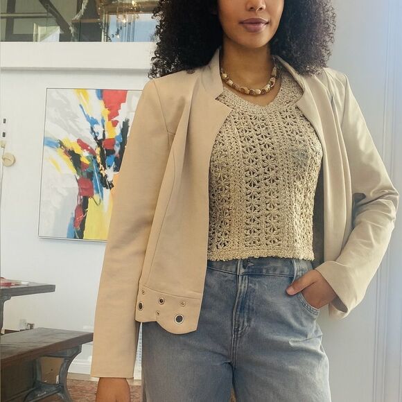 Roz & Ali Jackets & Blazers - Roz & Ali Cream Women's Blazer with Eyelet Detail